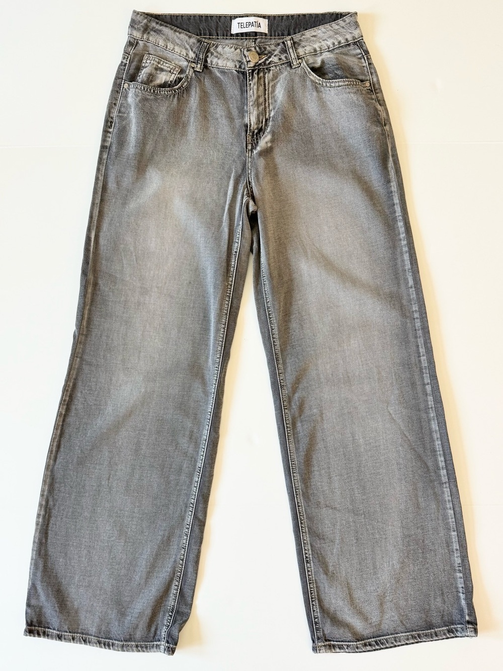 TELEPATIA Y2K Wide-Leg Mid-Rise Jeans, Grey Washed, Like New, Women’s Size 28